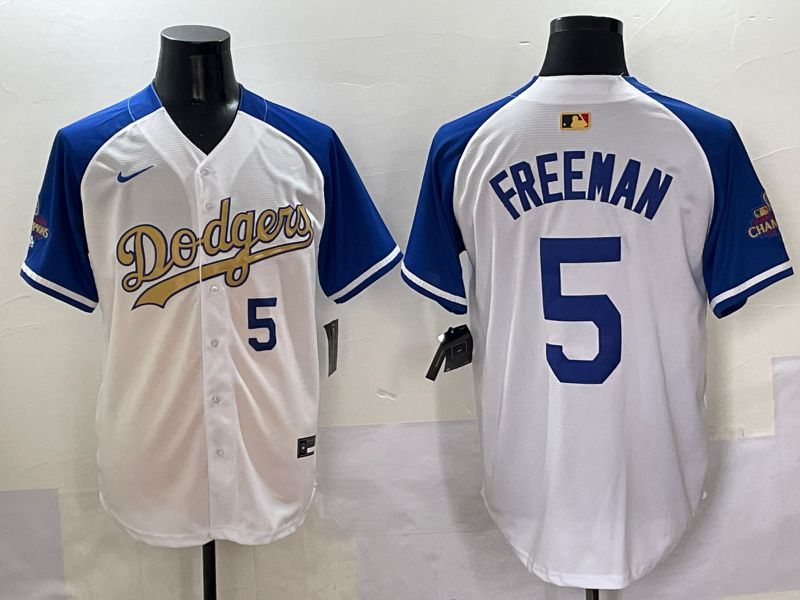 Men Los Angeles Dodgers #5 Freeman White Blue Champion gold character Nike 2025 MLB Jersey style 5051->los angeles dodgers->MLB Jersey